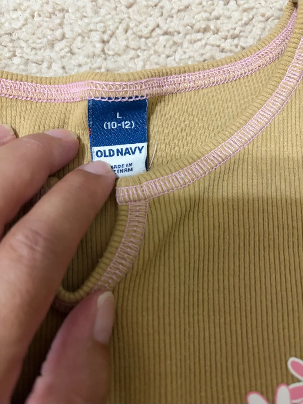 Old Navy Tan Short Sleeve Ribbed Tee with Pink Contrast and Daisy Graphic